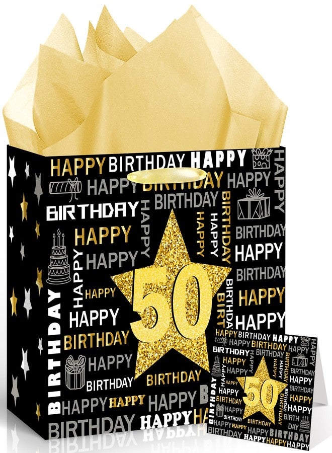 Woosytoo Black Gold 50th Birthday Gift Bag Large Vintage Happy 50th Birthday Gift Bag with Wrapping Paper and Greeting Card for Man Women 50th Fifty Year Old Bday Decorations Party Supplies - Image 1